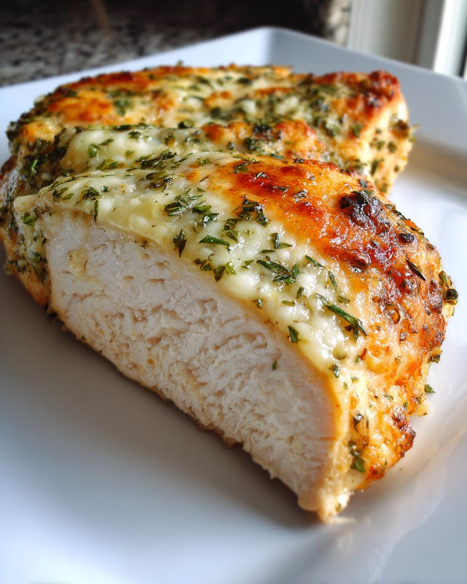 Close-up of a juicy baked ranch chicken breast, cut in half to show moist white meat topped with melted cheese and herbs.
