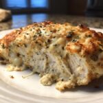 Close-up of a juicy baked ranch chicken breast slice showing moist white meat and a melted, browned cheese topping sprinkled with herbs.