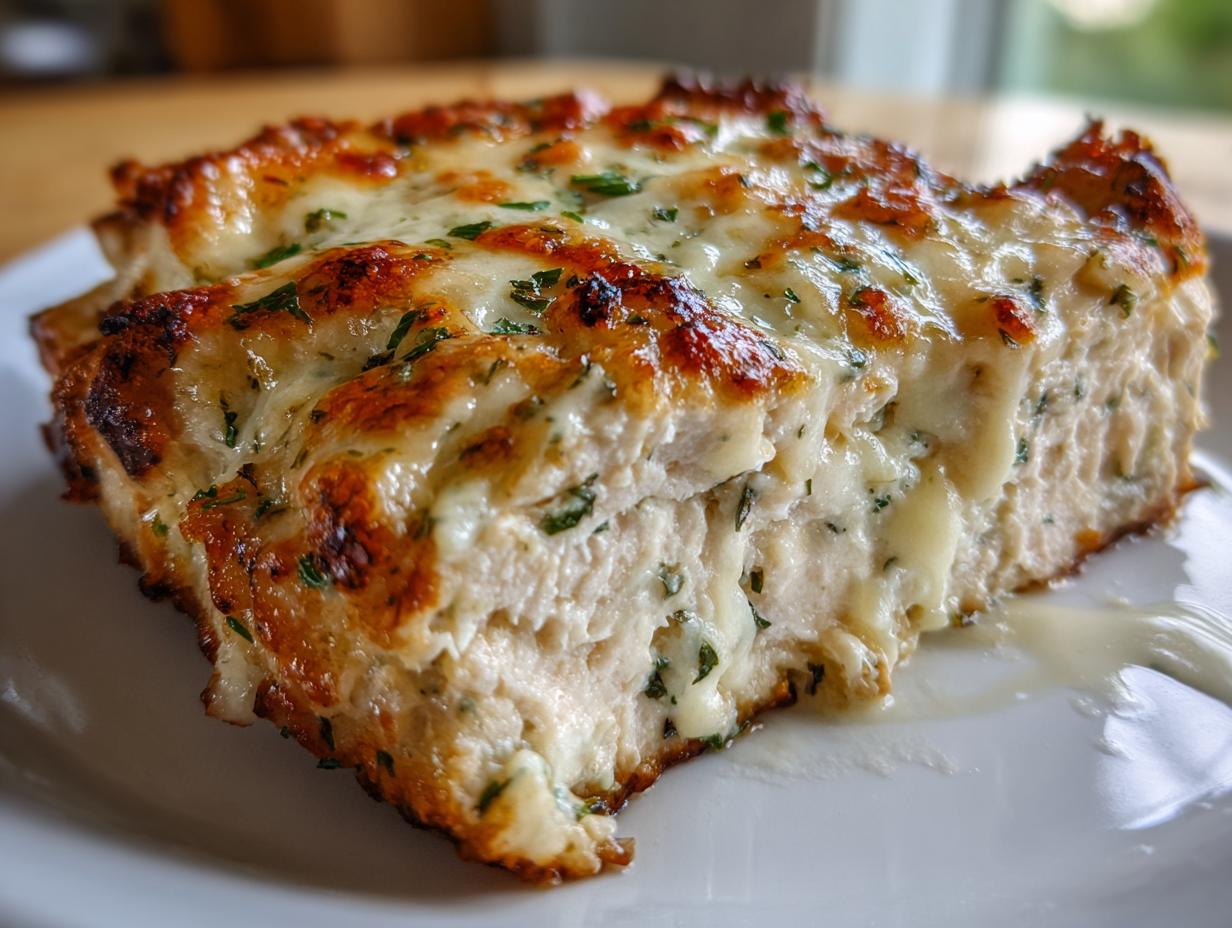 Close-up of a thick, juicy slice of baked ranch chicken topped with golden, melted cheese and herbs.