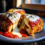 Close-up of a juicy chicken parmesan recipe cut in half, showing melted mozzarella cheese stretching out.