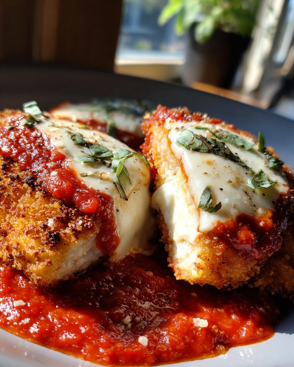 Close-up of crispy breaded chicken parmesan recipe pieces topped with melted mozzarella and marinara sauce.