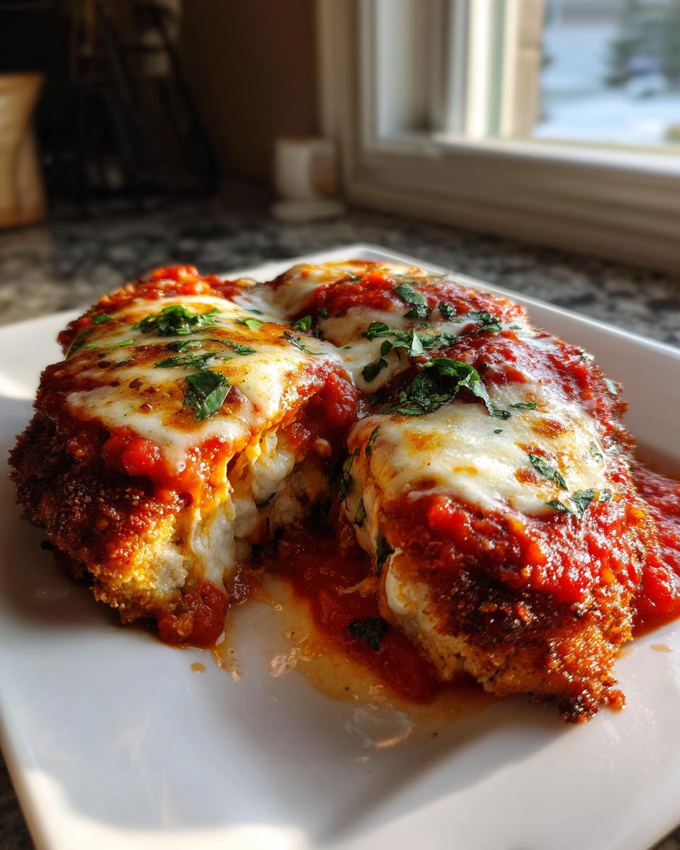 Two pieces of juicy chicken parmesan recipe, covered in melted cheese and marinara sauce, cut open.