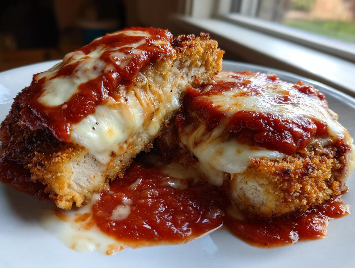Cross-section of a juicy chicken parmesan recipe showing crispy breading, melted mozzarella, and rich tomato sauce.