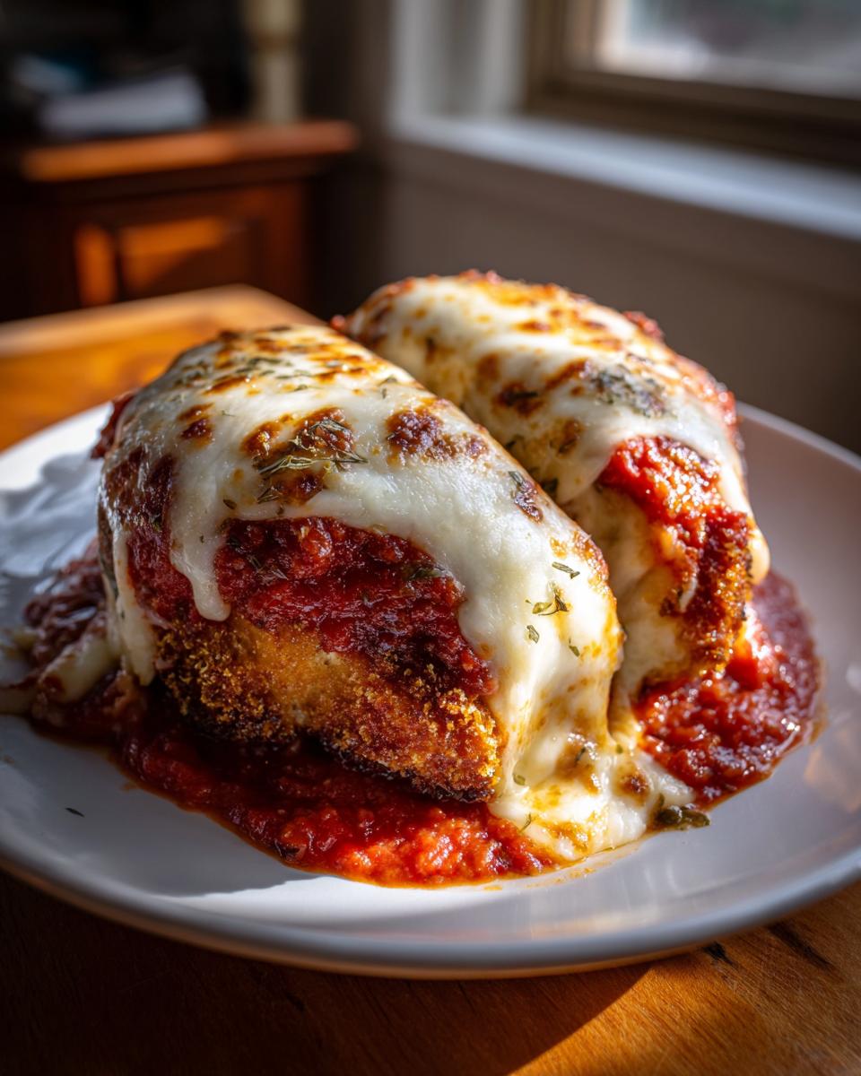 Two pieces of crispy chicken parmesan recipe covered in melted mozzarella and rich tomato sauce.