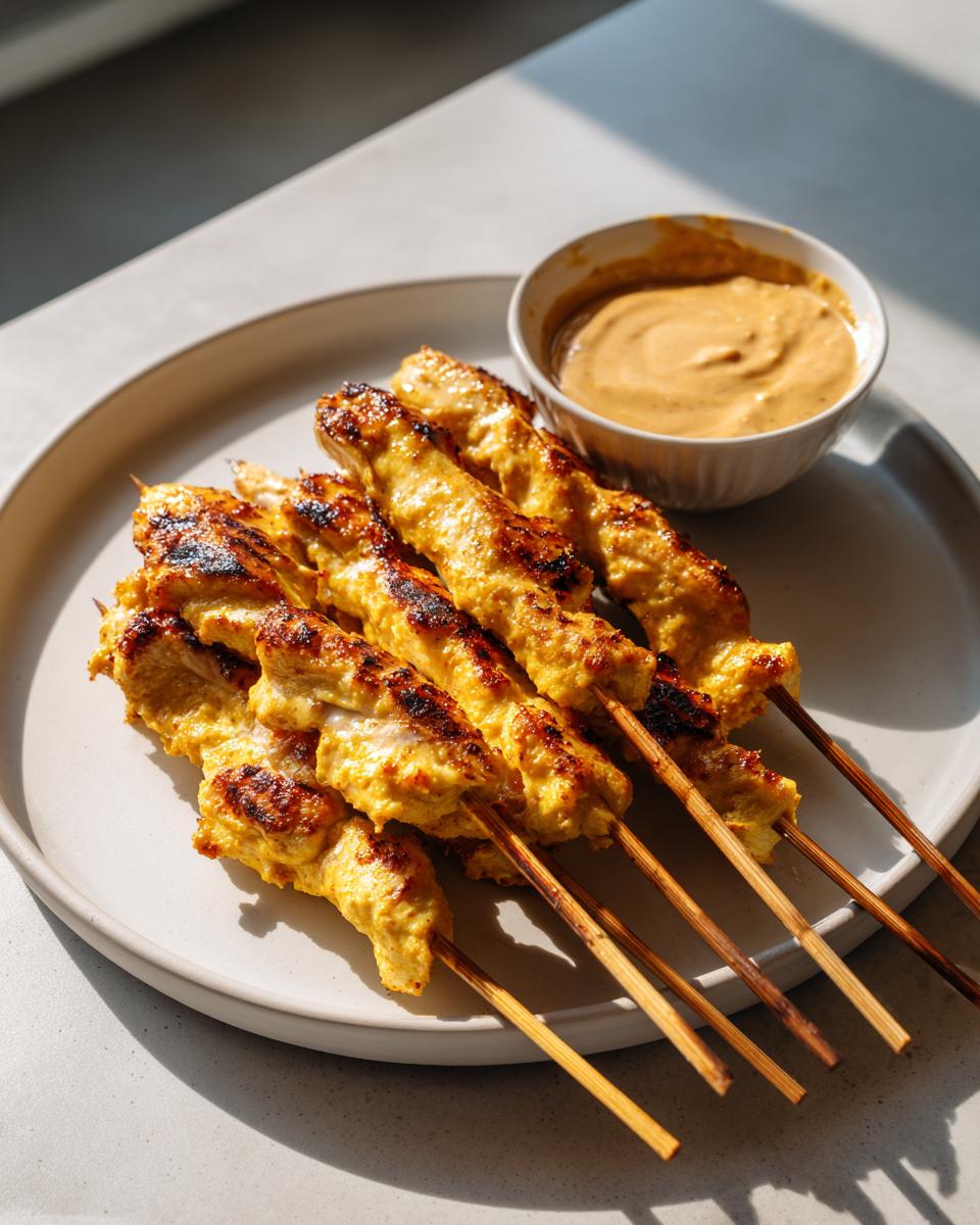 Close-up of grilled, yellow-marinated chicken satay skewers served on a plate next to a small bowl of peanut sauce.