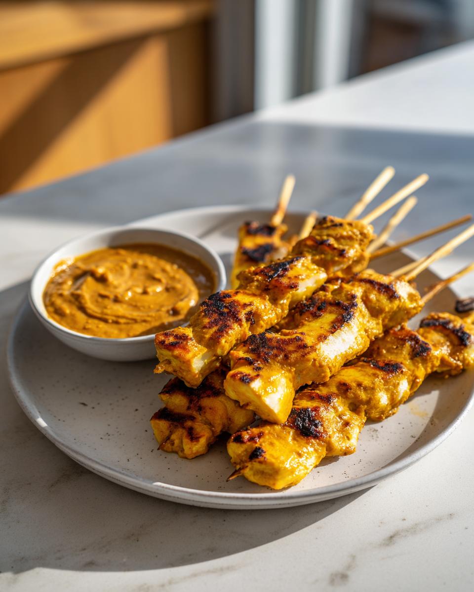 Close-up of grilled, golden chicken satay skewers piled on a plate next to a small bowl of peanut dipping sauce.