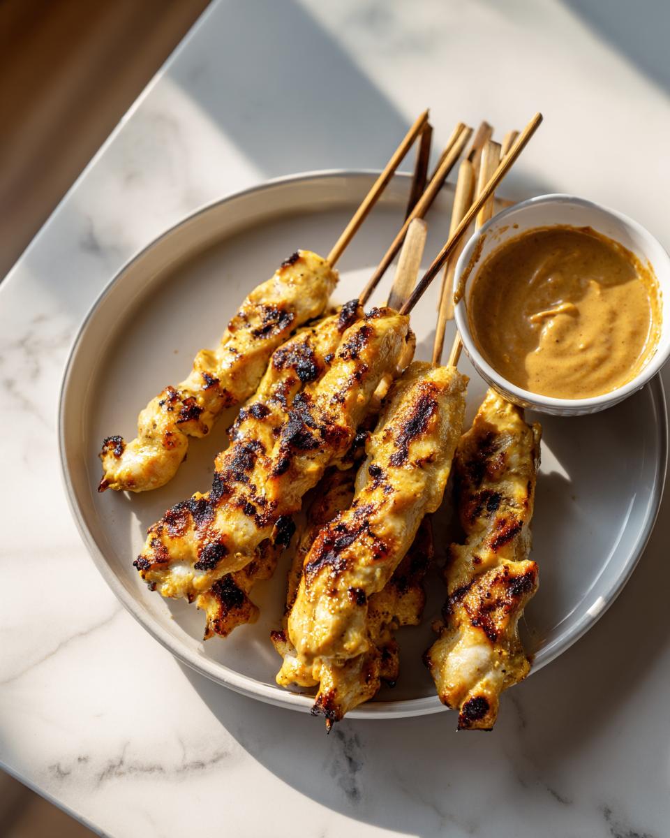 Close-up of grilled chicken satay skewers on a plate next to a small bowl of peanut dipping sauce.