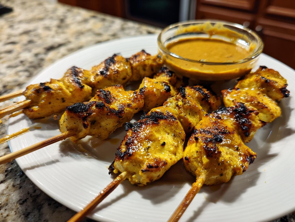 Close-up of grilled, golden-yellow chicken satay skewers served on a white plate next to a small bowl of peanut sauce.