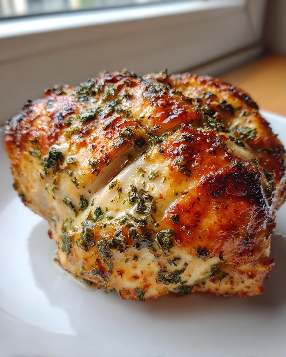 Close-up of a perfectly golden brown baked chicken breast seasoned with herbs and glaze.