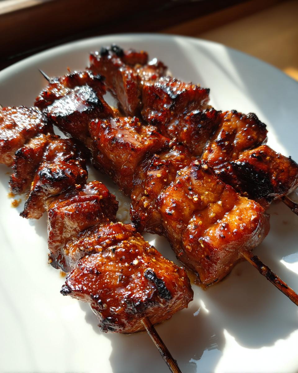 Close-up of three skewers loaded with juicy, caramelized honey garlic chicken skewers pieces.