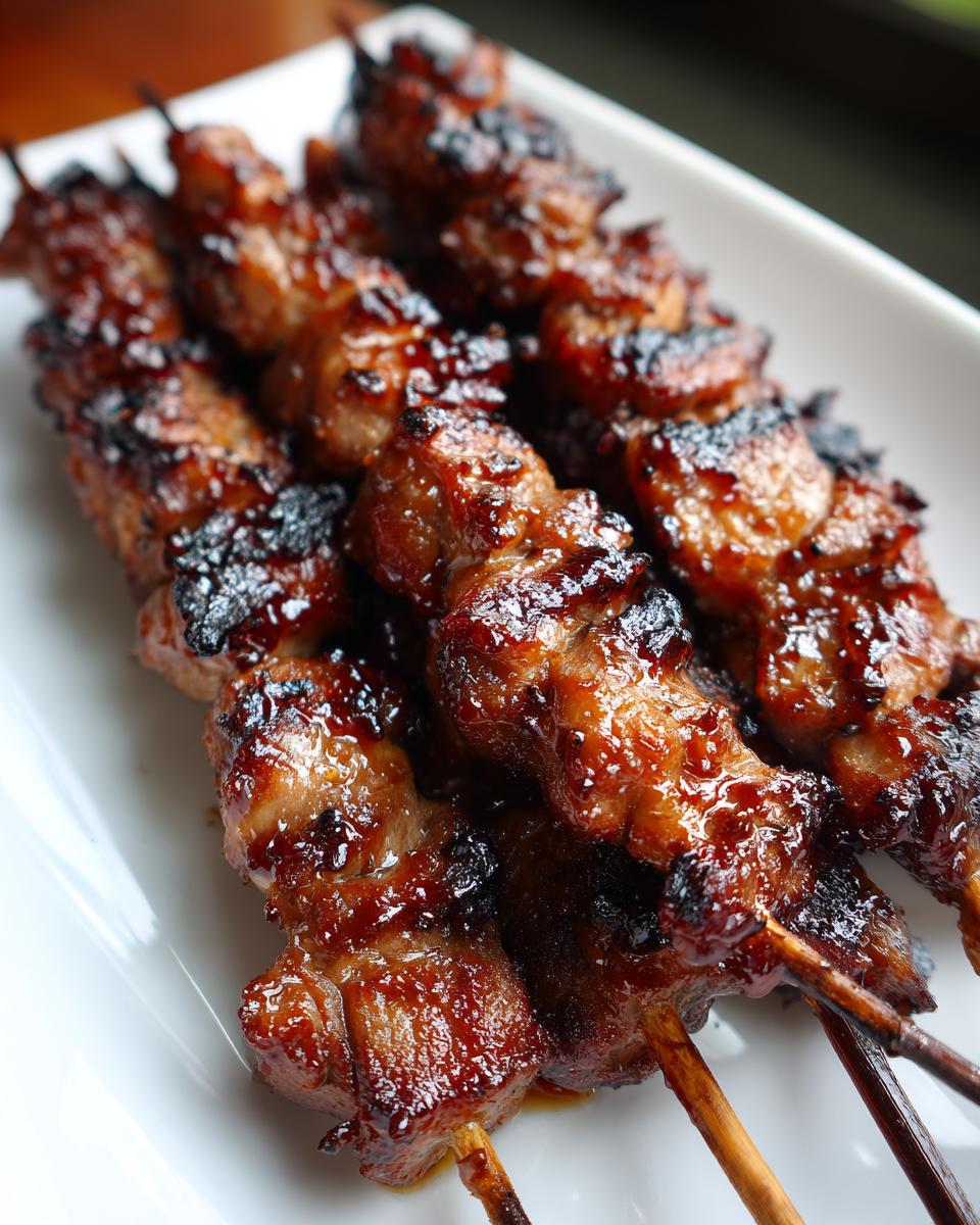 Close-up of several juicy honey garlic chicken skewers with a sticky, caramelized glaze resting on a white plate.