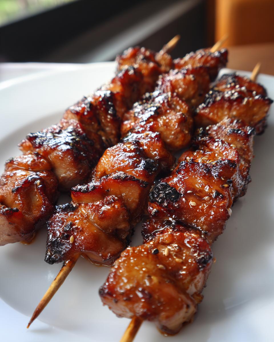Close-up of three skewers loaded with juicy, glazed honey garlic chicken skewers, sprinkled with sesame seeds.