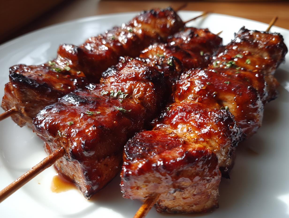 Close-up of juicy honey garlic chicken skewers with a rich, glossy glaze resting on a white plate.