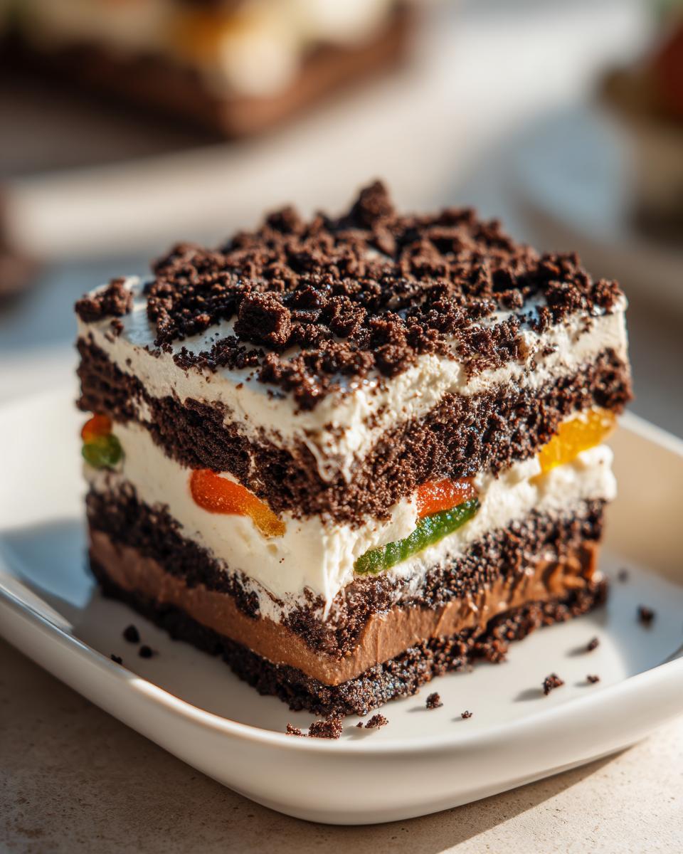 A decadent, layered slice of chocolate dirt cake featuring dark cookie crumbs, white cream, and colorful gummy candies.