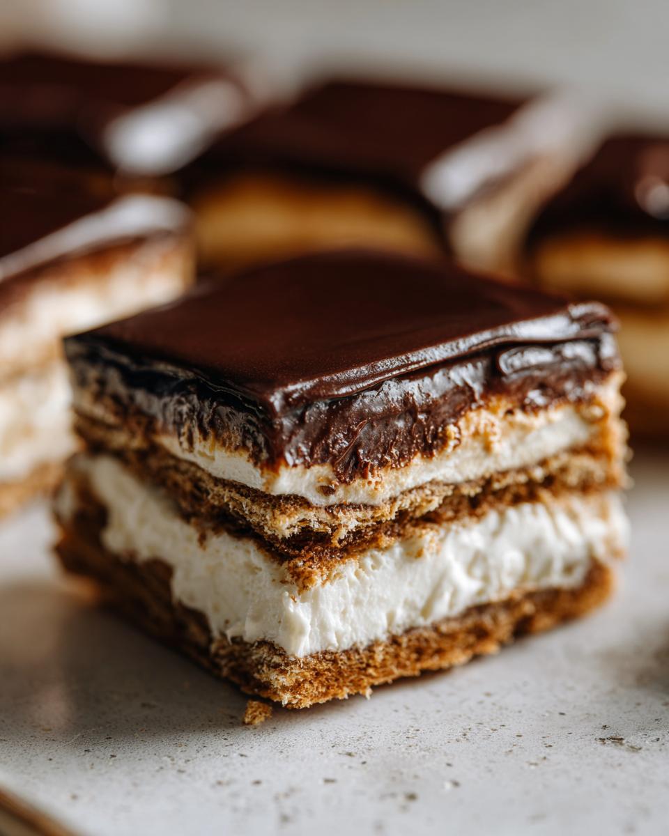 A decadent square piece of chocolate eclair cake showing layers of graham cracker crust, thick white cream filling, and glossy chocolate ganache.