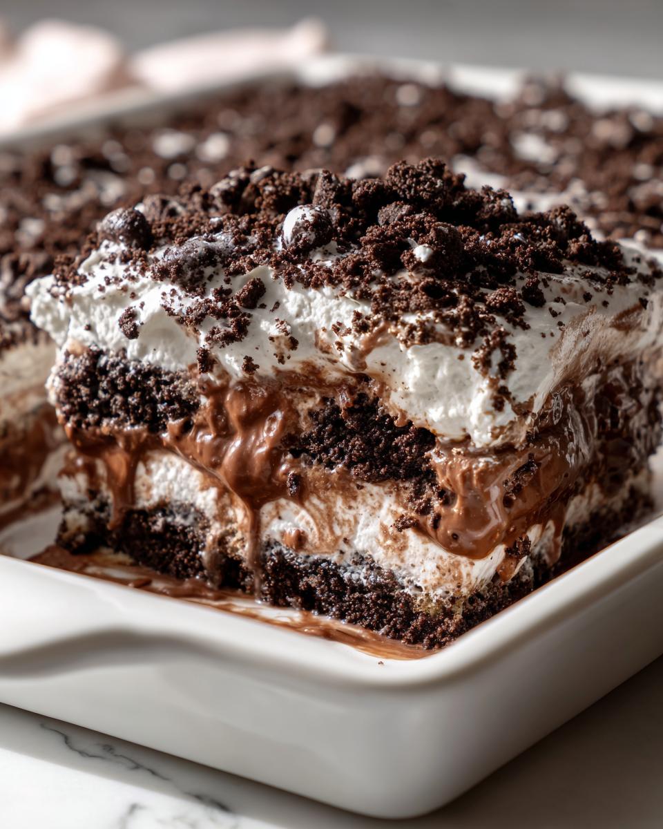 Close-up of a rich, layered slice of dirt cake showing chocolate pudding, cream, and cookie crumbs.