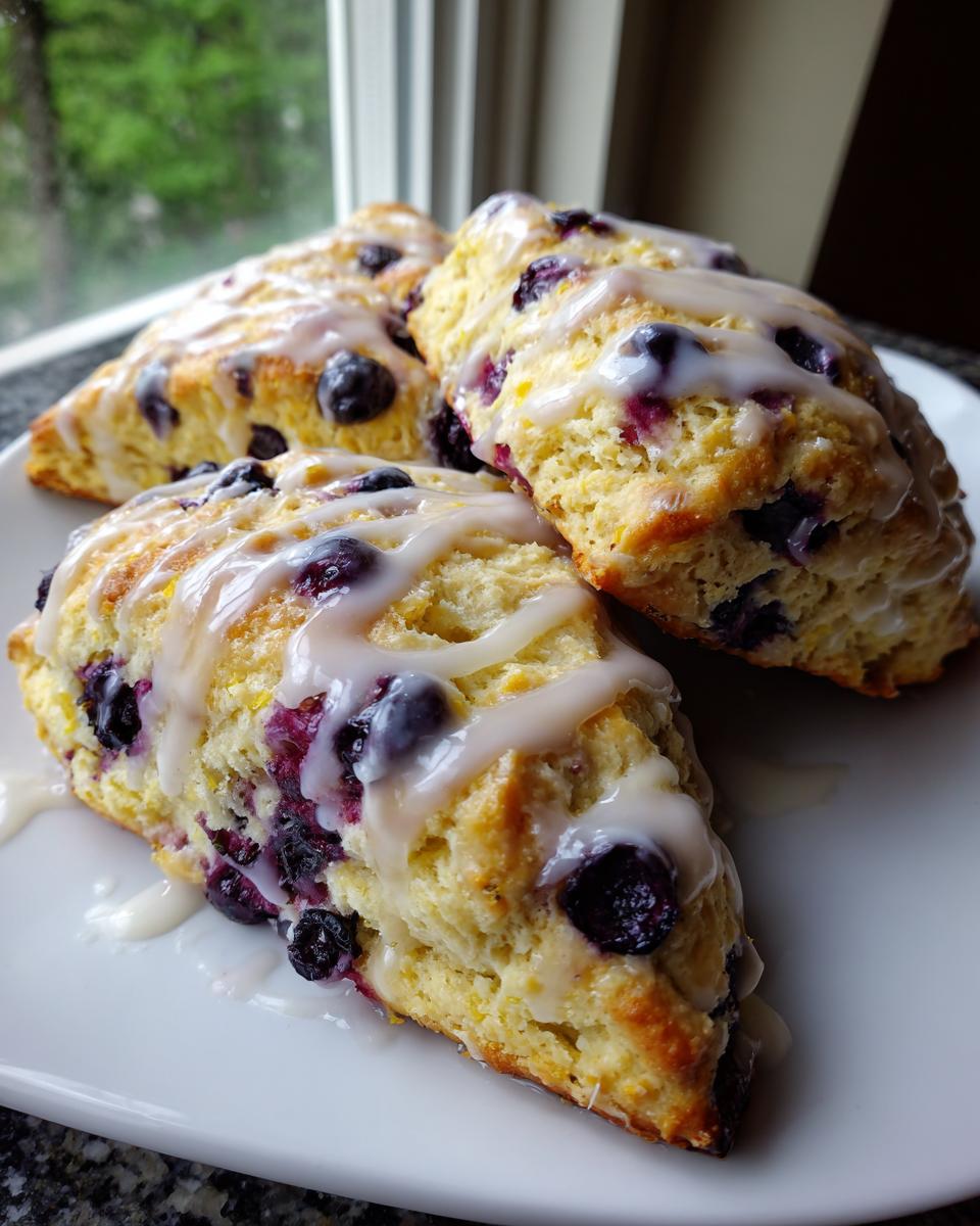 Three freshly baked lemon blueberry scones drizzled with a thick white glaze, sitting on a white plate.