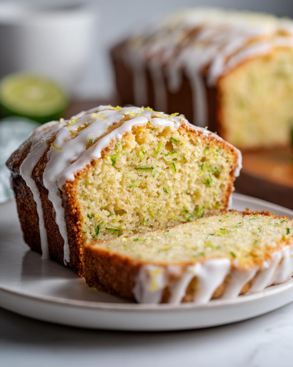 A close-up of a slice of moist lemon zucchini bread topped with white glaze and lemon zest.