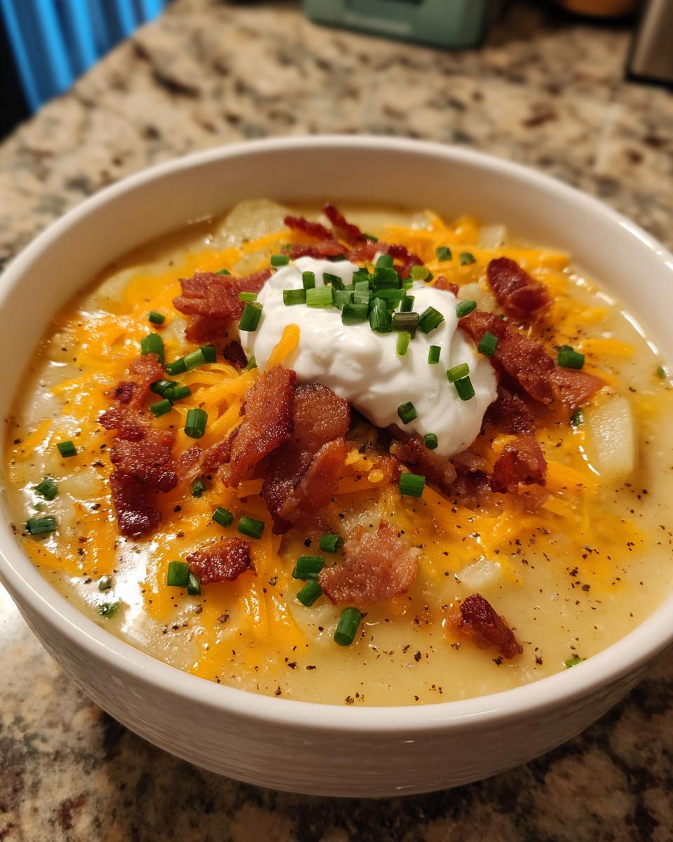 Close-up of a creamy potato soup recipe topped with shredded cheddar, bacon bits, sour cream, and chives.