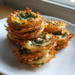A stack of golden, flaky Mediterranean Spinach and Feta Cheese Crisps on a white plate.