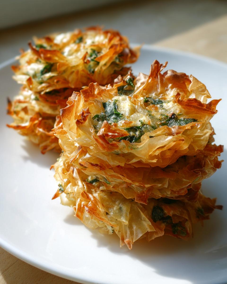 A stack of crispy Mediterranean Spinach and Feta Cheese Crisps made with flaky phyllo dough.