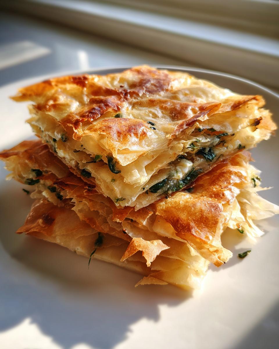 A stack of golden, flaky Mediterranean Spinach and Feta Cheese Crisps showing layers of phyllo dough and green filling.