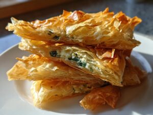 A stack of golden, flaky Mediterranean Spinach and Feta Cheese Crisps showing the creamy filling.