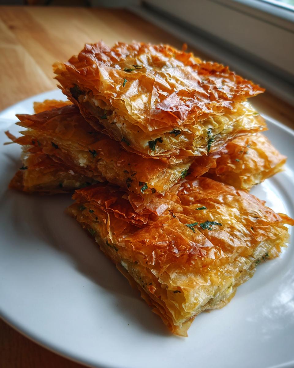 A stack of golden brown, flaky Mediterranean Spinach and Feta Cheese Crisps on a white plate.