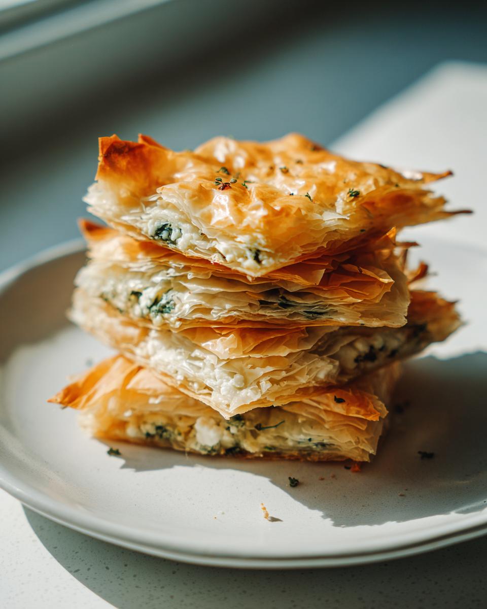 A stack of four flaky Mediterranean Spinach and Feta Cheese Crisps on a white plate, bathed in sunlight.