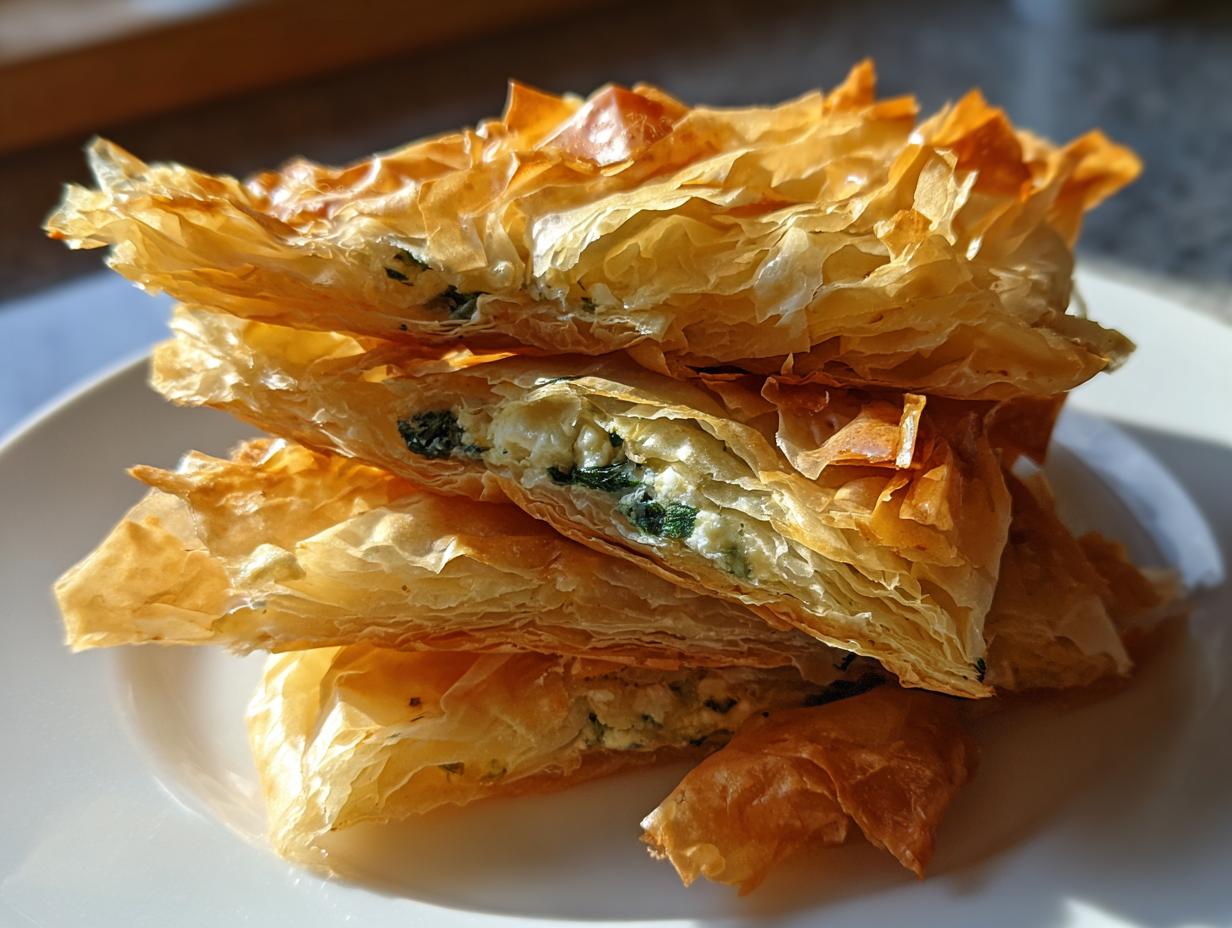 A stack of golden, flaky Mediterranean Spinach and Feta Cheese Crisps showing the creamy filling.