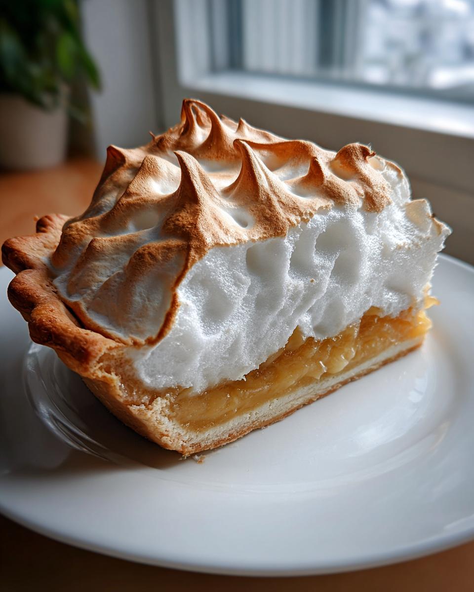 A perfect slice of butterscotch pie featuring a thick layer of toasted meringue topping on a flaky crust.