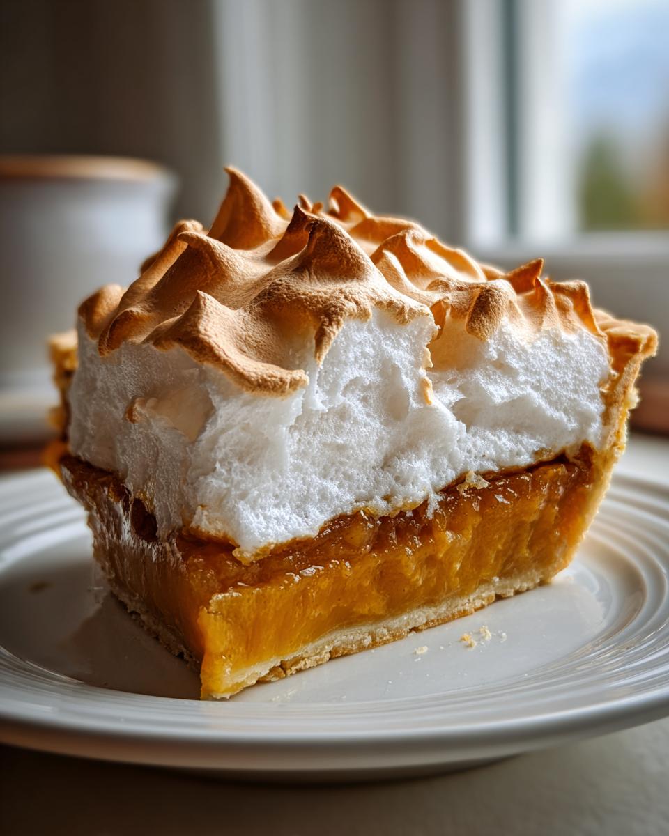 Close-up of a thick slice of butterscotch pie with a rich orange filling and towering, toasted meringue topping.