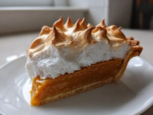 A close-up of a slice of rich, orange butterscotch pie topped with perfectly toasted, spiky meringue.
