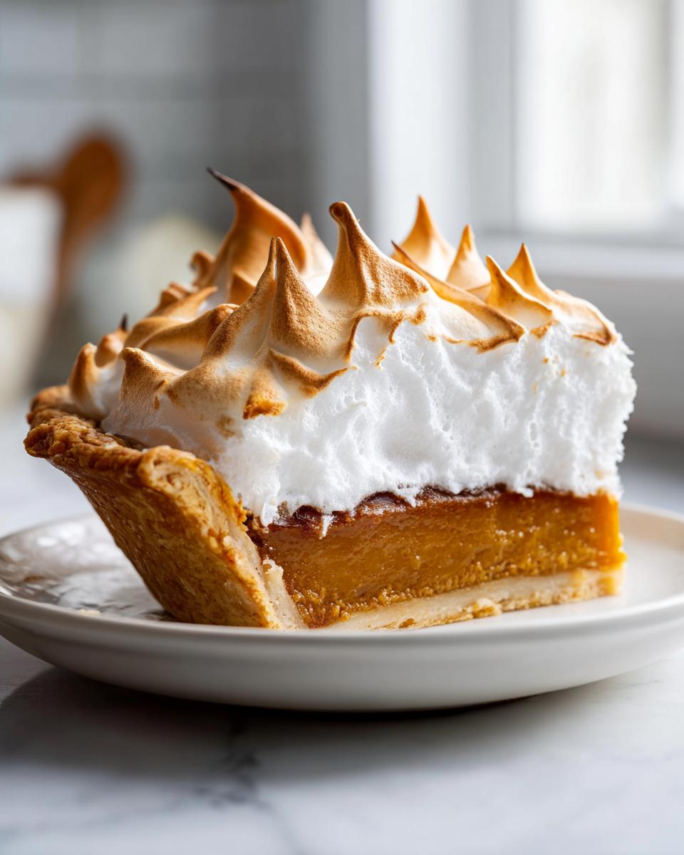 A tall slice of rich butterscotch pie topped with perfectly browned, peaked meringue, served on a white plate.