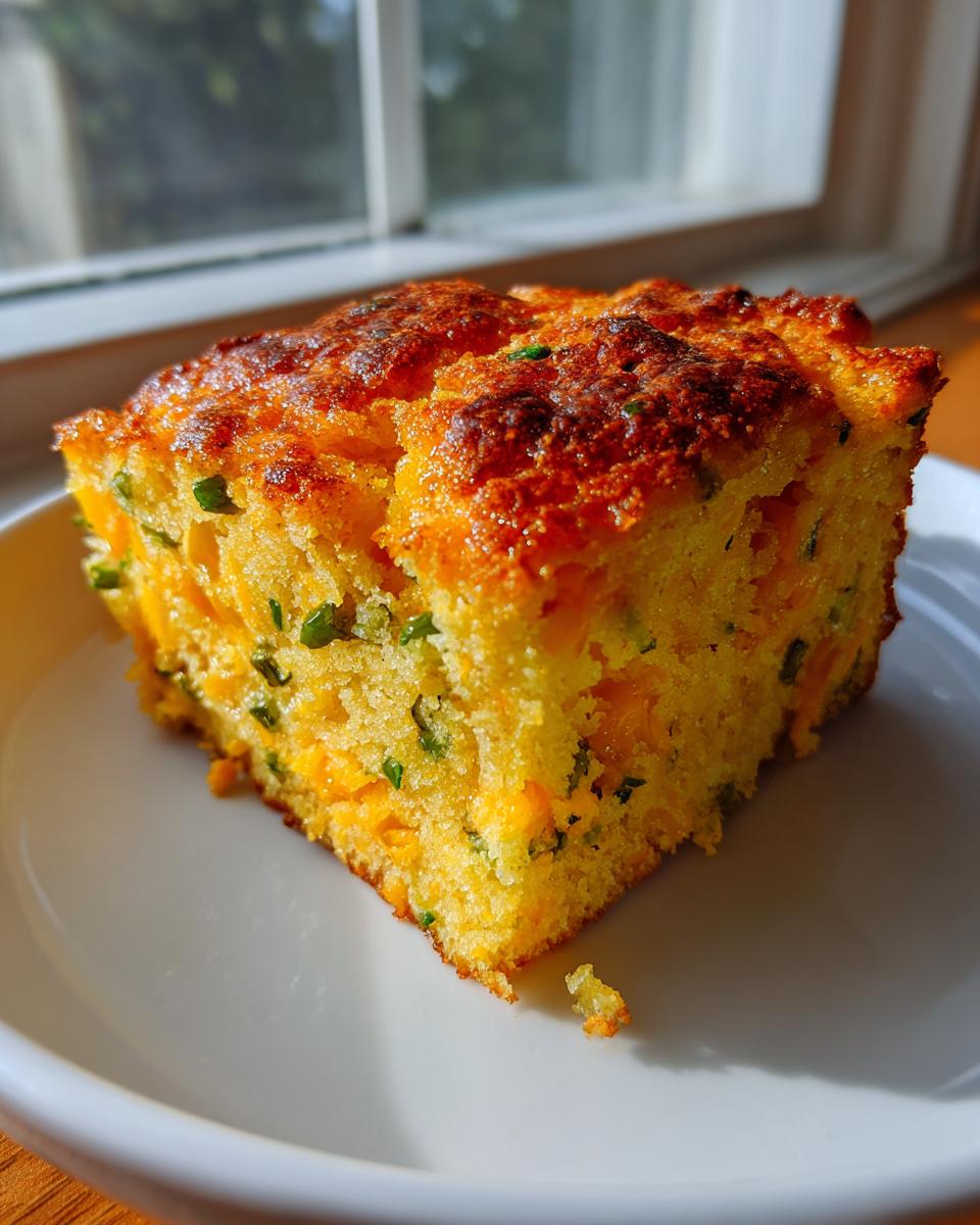 A square slice of golden Mexican cornbread, studded with cheese and green herbs, sitting on a white plate near a window.