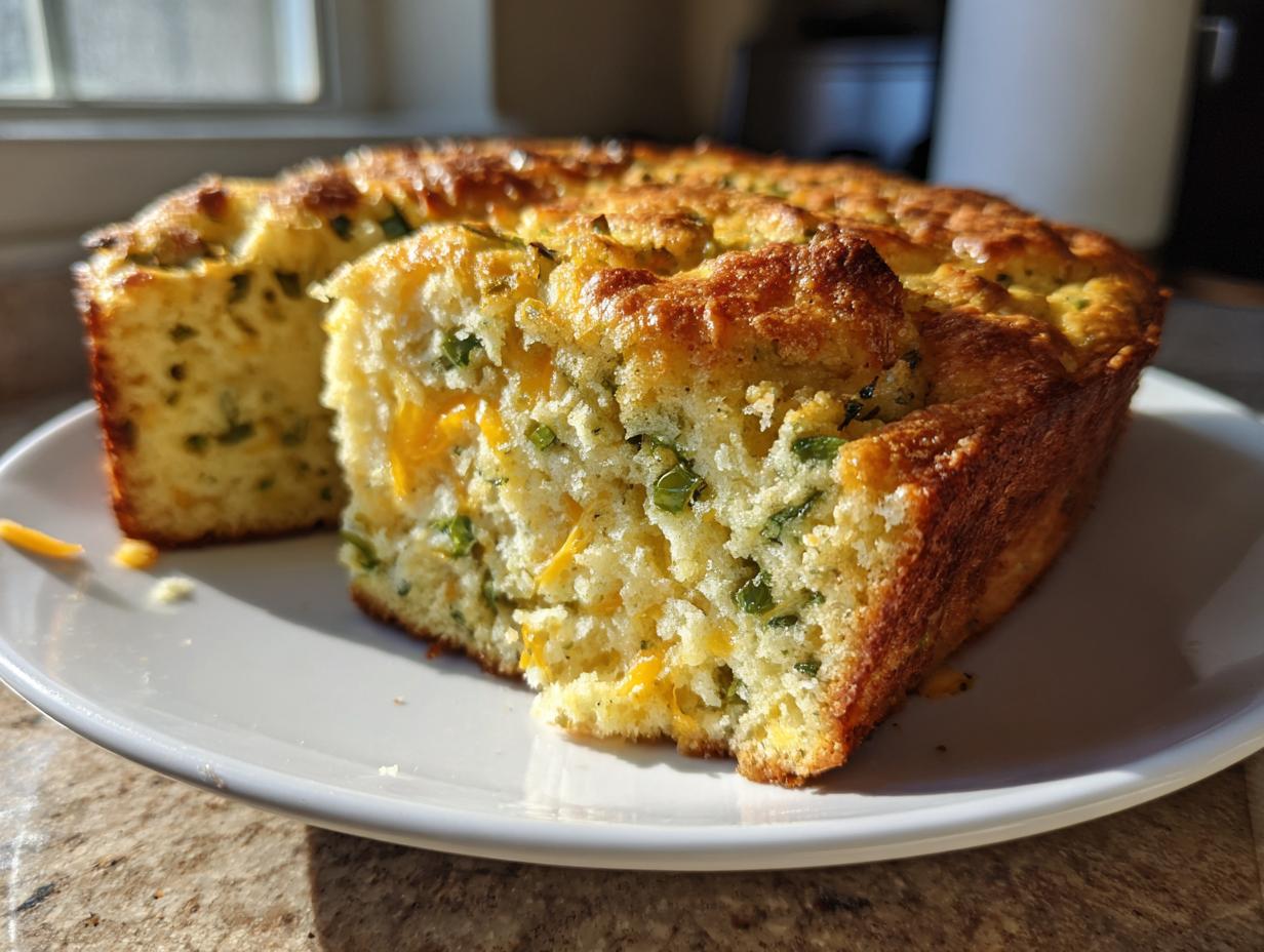 A close-up of a thick slice of moist Mexican cornbread featuring melted cheddar cheese and green herbs, sitting on a white plate.