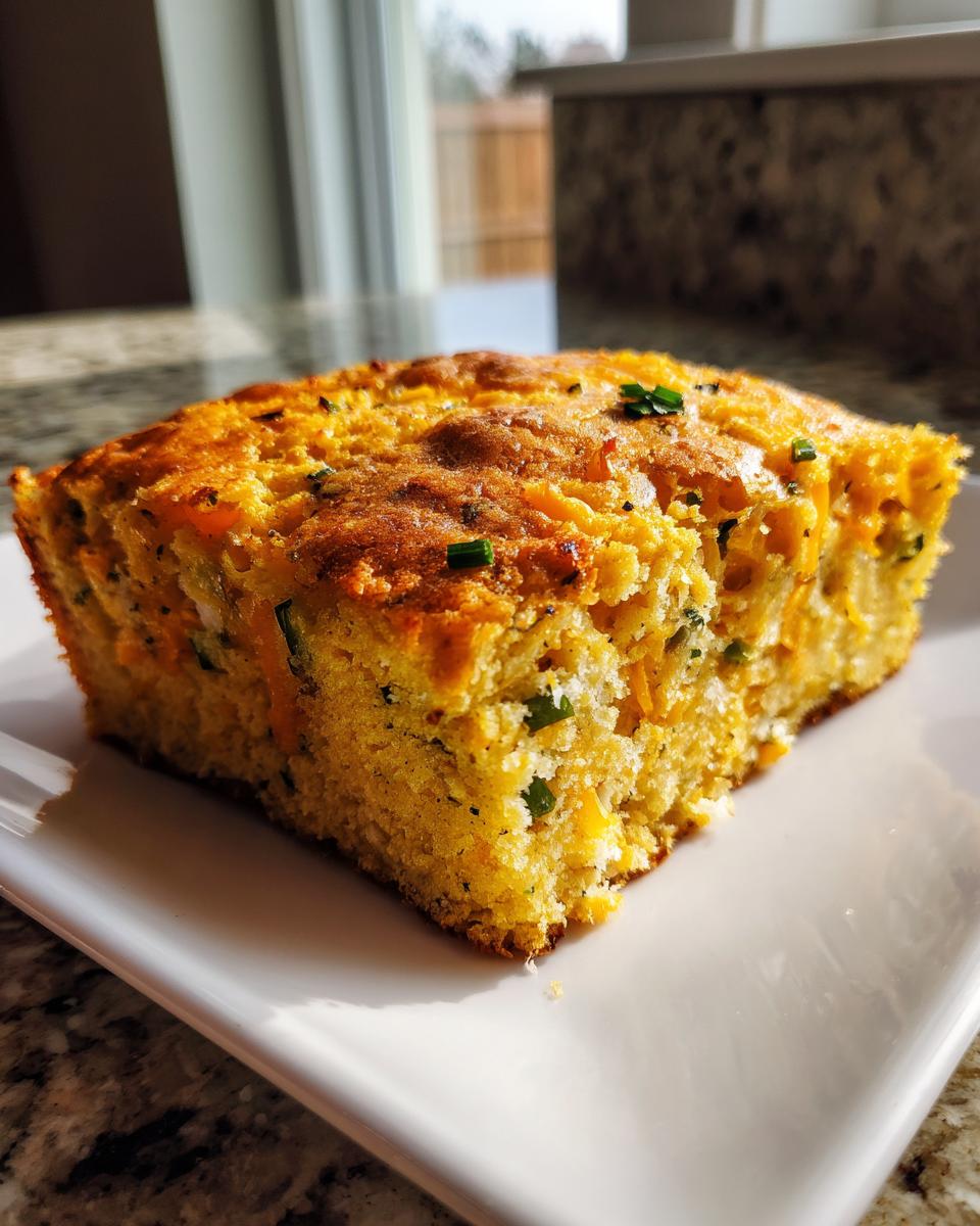 A close-up of a square slice of moist Mexican cornbread, topped with melted cheese and fresh chives, resting on a white plate.