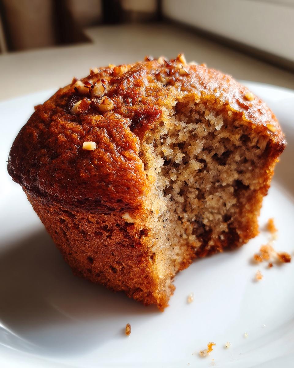 Close-up of a moist banana nut muffin on a white plate, showing the crumb texture after a bite was taken.