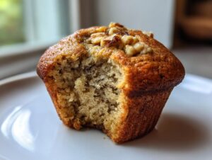 A close-up of a golden brown banana nut muffin with a bite taken out, revealing a moist interior and walnuts on top.