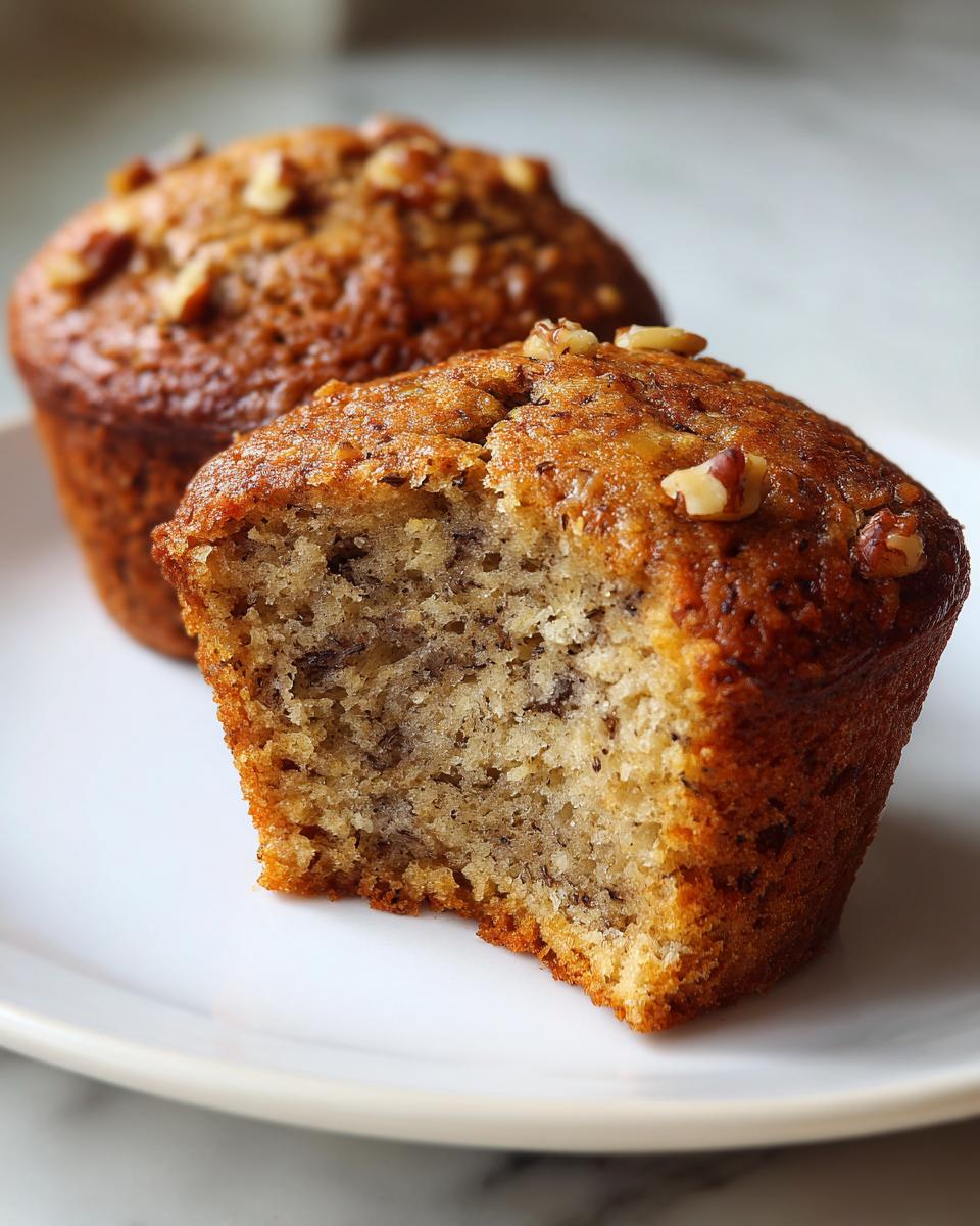 Close-up of a moist banana nut muffin with a bite taken out, revealing the speckled interior and walnut topping.