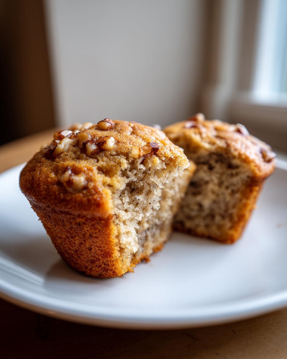 Close-up of two banana nut muffins on a white plate, one broken open showing the moist interior and nuts.