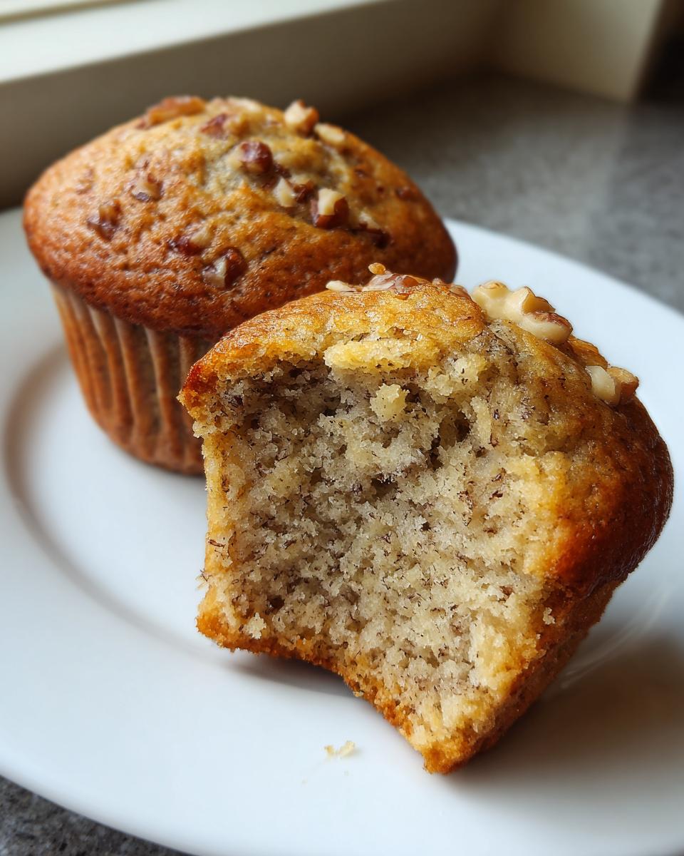 Close-up of a banana nut muffin broken in half showing the moist interior texture and nuts on top.