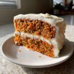 A thick slice of moist carrot cake recipe layered with cream cheese frosting, sitting on a white plate.