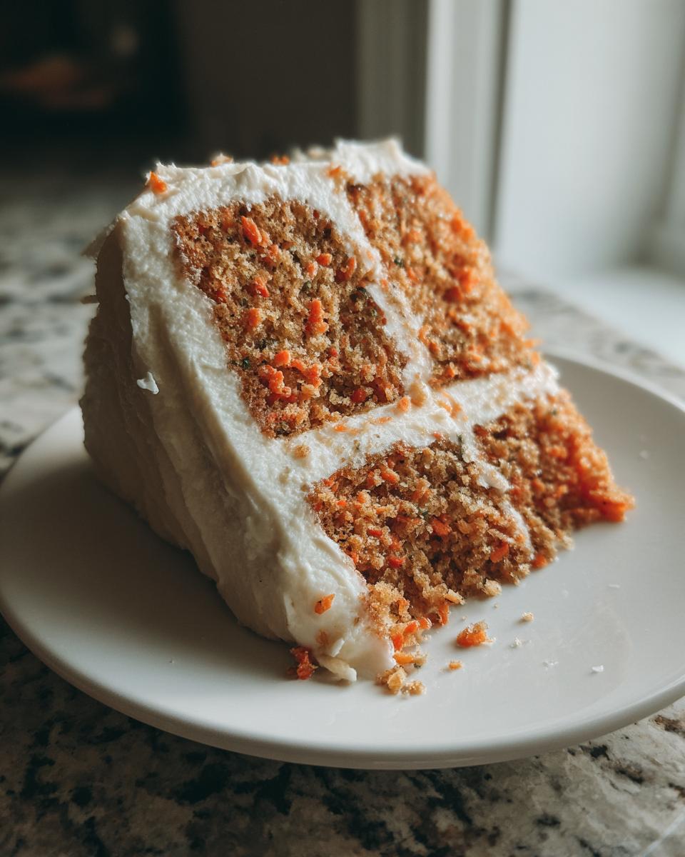 A close-up of a thick slice of moist carrot cake recipe with visible shredded carrots and cream cheese frosting.