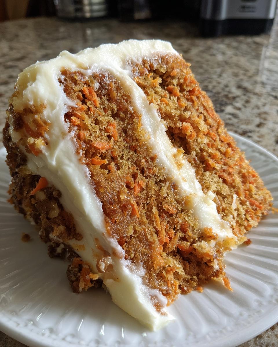 Close-up of a moist slice of carrot cake recipe showing shredded carrots and thick cream cheese frosting.