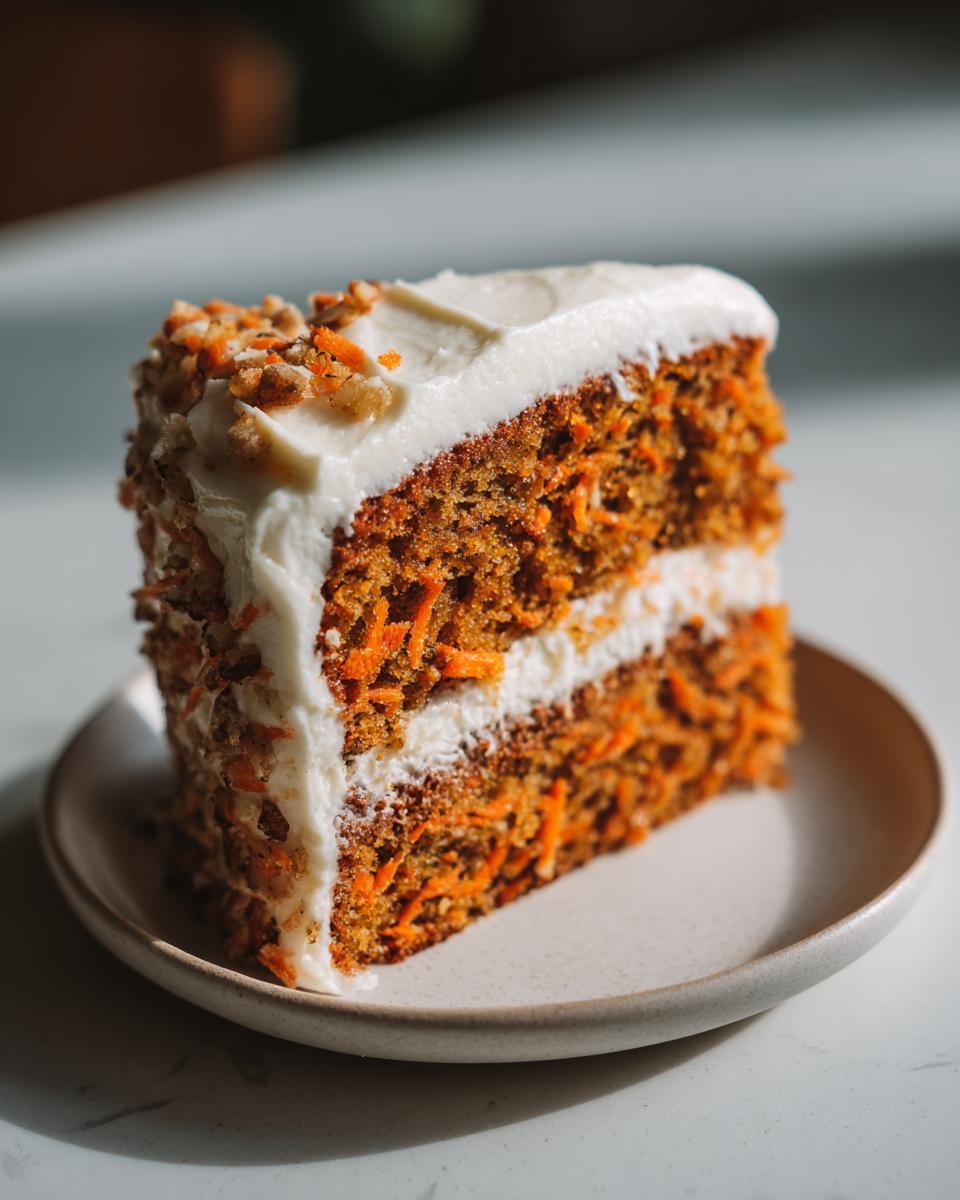 Close-up of a moist carrot cake recipe slice showing layers, shredded carrots, and cream cheese frosting topped with nuts.