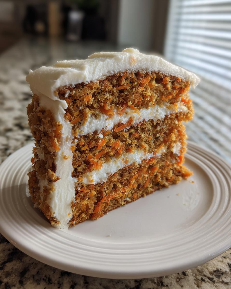 A tall, moist slice of carrot cake recipe showing three layers of cake and two layers of cream cheese frosting.