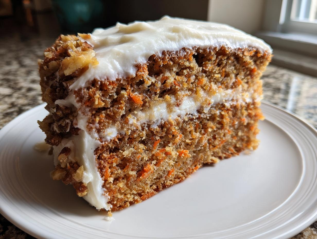 A close-up of a moist slice of carrot cake recipe layered with cream cheese frosting and topped with walnuts.