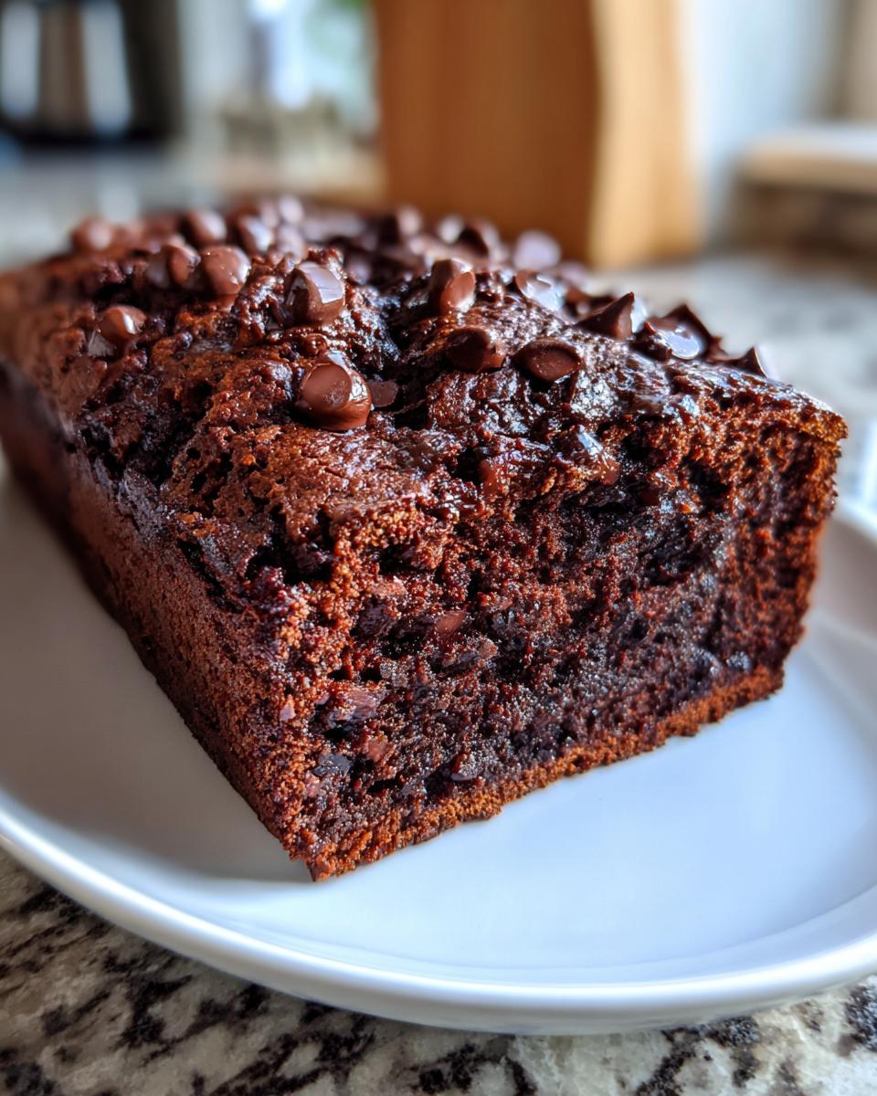 A close-up of a rich, dark chocolate banana bread loaf topped generously with melted chocolate chips, resting on a white plate.