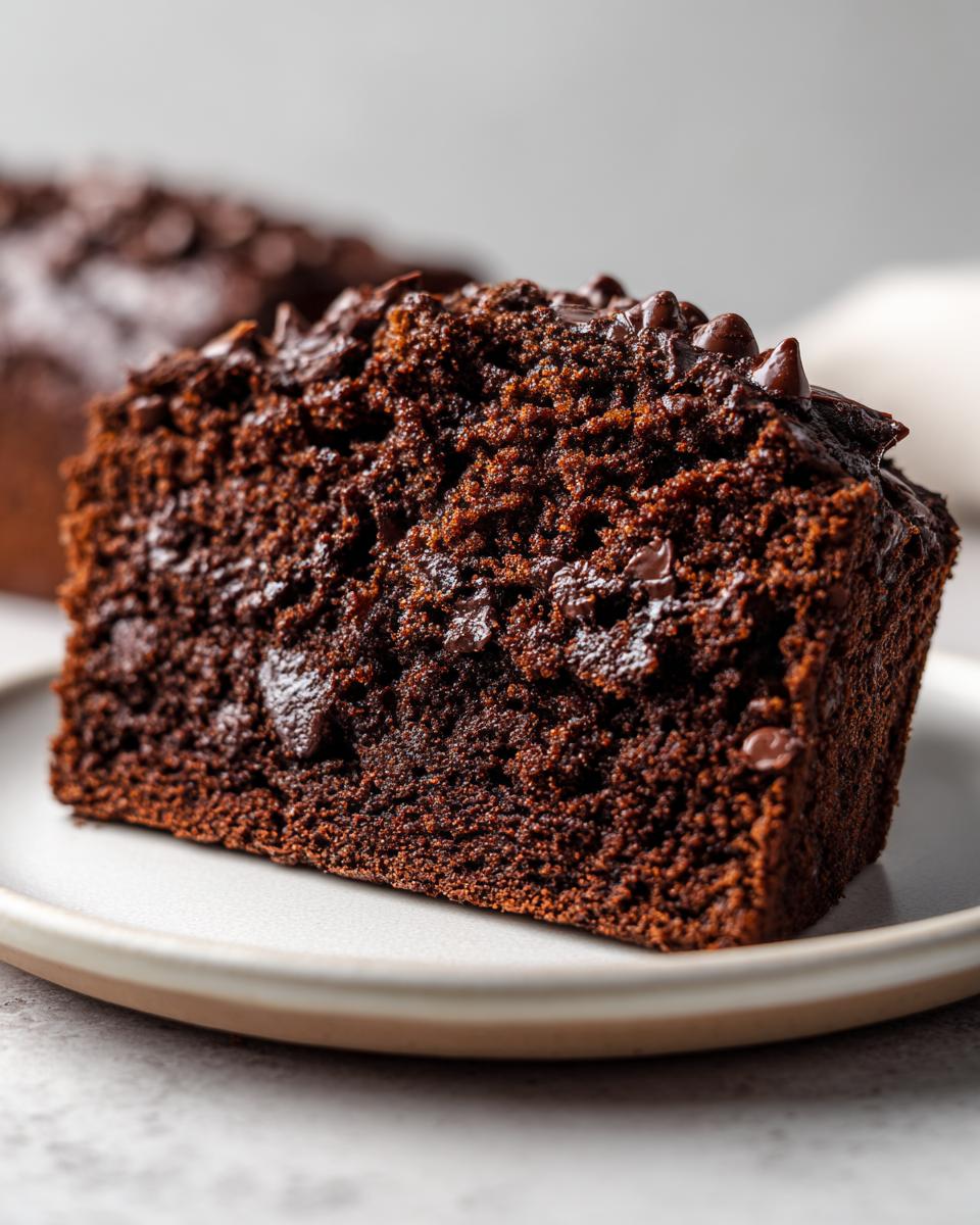 Close-up of a rich, dark slice of chocolate banana bread loaded with melted chocolate chips.